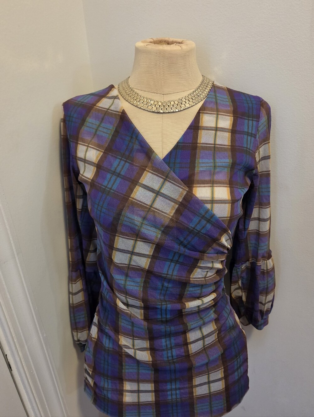 Sweet Pea by Stacy Frati Purple Plaid Wrap-Style Mesh Top